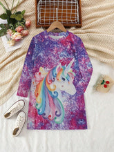 1pc Girls Young Girl Cute Casual Colorful Unicorn & Heart Digital Print Long Sleeve Dress For Everyday Wear